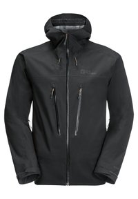 Schwarze wasserdichte Jacke mit einer passgenauen Kapuze, zwei zipbaren Brusttaschen, verstellbaren Bündchen und dezentem Branding auf der Vorderseite.