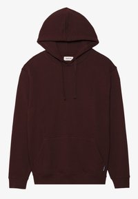 Burgundy hooded sweatshirt made of soft fabric, featuring a front kangaroo pocket and drawstring detail, with ribbed cuffs and hem.