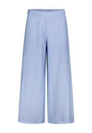 Light blue wide-leg pants with vertical white stripes, featuring an elastic waistband and a soft, lightweight fabric.