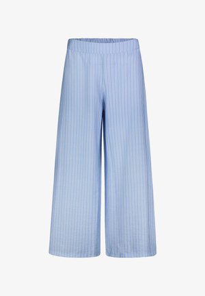 Light blue wide-leg pants with vertical white stripes, featuring an elastic waistband and a soft, lightweight fabric.