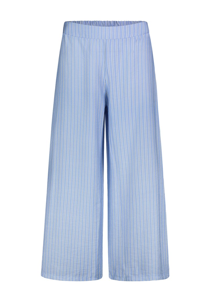 Light blue wide-leg pants with vertical white stripes, featuring an elastic waistband and a soft, lightweight fabric.