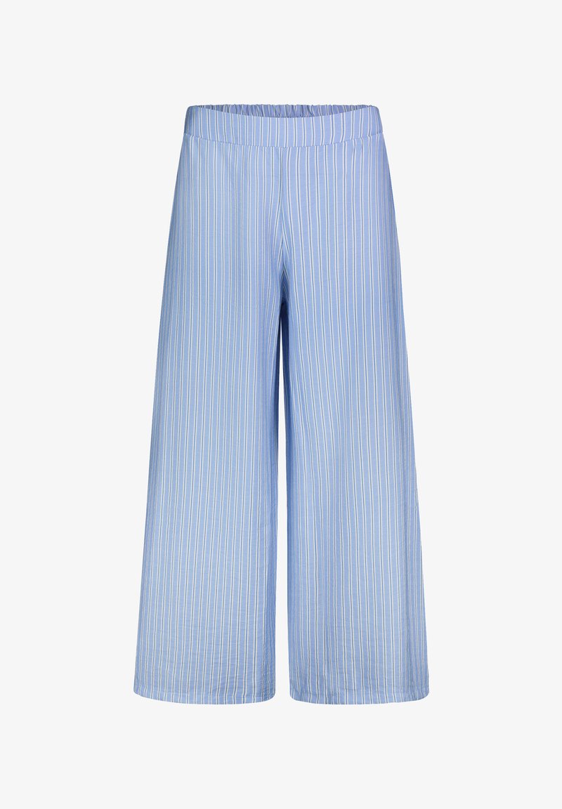 Light blue wide-leg pants with vertical white stripes, featuring an elastic waistband and a soft, lightweight fabric.