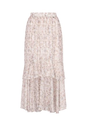 Floral tiered midi skirt with an elastic waistband, made of lightweight fabric in soft pastel colors, featuring intricate leaf patterns.