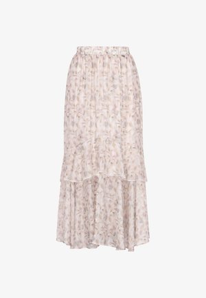 Virágmintás, lépcsős midi szoknya rugalmas derékrésszel, könnyű, puha pasztell színekből készült, bonyolult levélmintákkal díszítve.