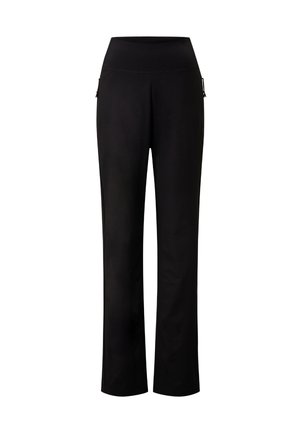 Zwarte sportbroek met een aansluitende hoge tailleband, rechte pijpen en subtiele zijzakken; gemaakt van gladde, rekbare stof.