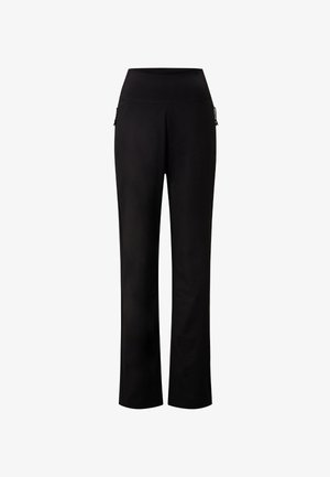 Pantalons de sport noirs avec une taille haute ajustée, des jambes droites et de subtiles poches latérales ; fabriqués en tissu lisse et extensible.