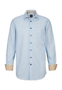 Helles blaues Hemd mit geometrischem Muster. Lange Ärmel mit kontrastierenden sandfarbenen Manschetten. Schwarze Knöpfe und klassischer Kragen.