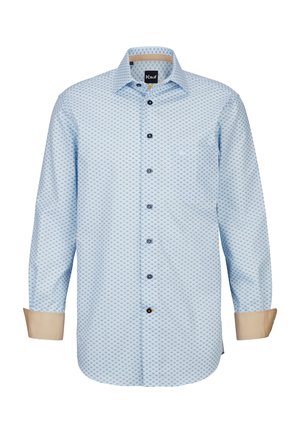 Helles blaues Hemd mit geometrischem Muster. Lange Ärmel mit kontrastierenden sandfarbenen Manschetten. Schwarze Knöpfe und klassischer Kragen.