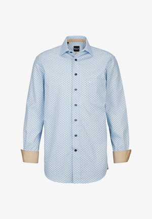 Camicia button-up azzurro chiaro con un motivo geometrico. Le maniche lunghe presentano polsini beige a contrasto. Bottoni neri e colletto standard.