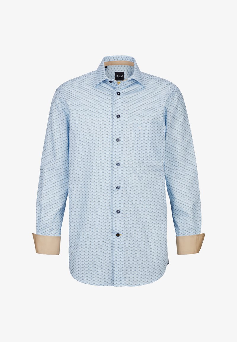 Camicia button-up azzurro chiaro con un motivo geometrico. Le maniche lunghe presentano polsini beige a contrasto. Bottoni neri e colletto standard.