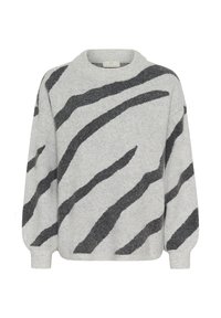 Pull en tricot gris clair avec des rayures abstraites diagonales gris foncé, des poignets côtelés et un col rond.