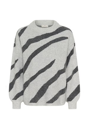 Suéter de punto gris claro con rayas abstractas diagonales en gris oscuro, puños acanalados y escote redondo.
