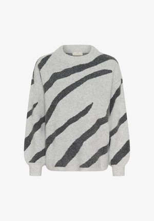 Maglione a maglia grigio chiaro con strisce astratte diagonali grigio scuro, polsini a coste e scollatura rotonda.