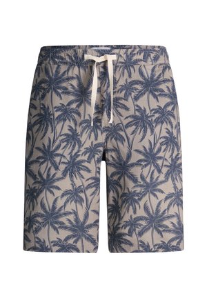 Beżowe szorty z granatowym wzorem palm i białym ściągaczem w pasie, casualowy letni styl.