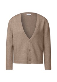 Beige stickad kofta med djup V-ringning, femknapsstängning, ribbade ärmslut och fåll, slät yta och ärmar i medellängd.