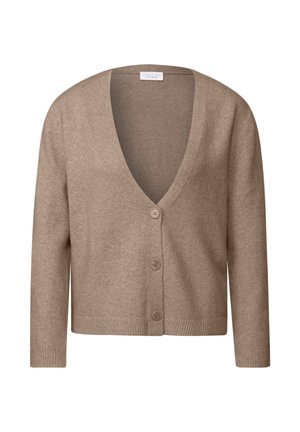 Cardigan en tricot beige avec un profond col en V, fermeture à cinq boutons, poignets et ourlet côtelés, texture lisse et manches de longueur moyenne.
