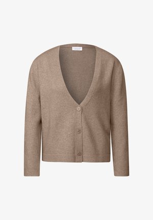 Beżowy sweter z dzianiny z głębokim dekoltem w kształcie V, zapięciem na pięć guzików, ściągaczami przy mankietach i dolnej krawędzi, gładką teksturą oraz rękawami o średniej długości.