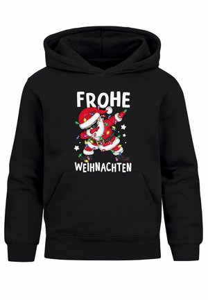 Sweat à capuche noir avec un Père Noël en dessin animé faisant un dab, enveloppé de guirlandes lumineuses colorées, avec le texte "Frohe Weihnachten" au-dessus et en dessous.