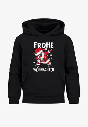 Sweat à capuche noir avec un Père Noël en dessin animé faisant un dab, enveloppé de guirlandes lumineuses colorées, avec le texte "Frohe Weihnachten" au-dessus et en dessous.
