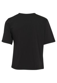 Vue arrière d'un t-shirt noir uni à manches courtes avec col rond sur fond blanc.