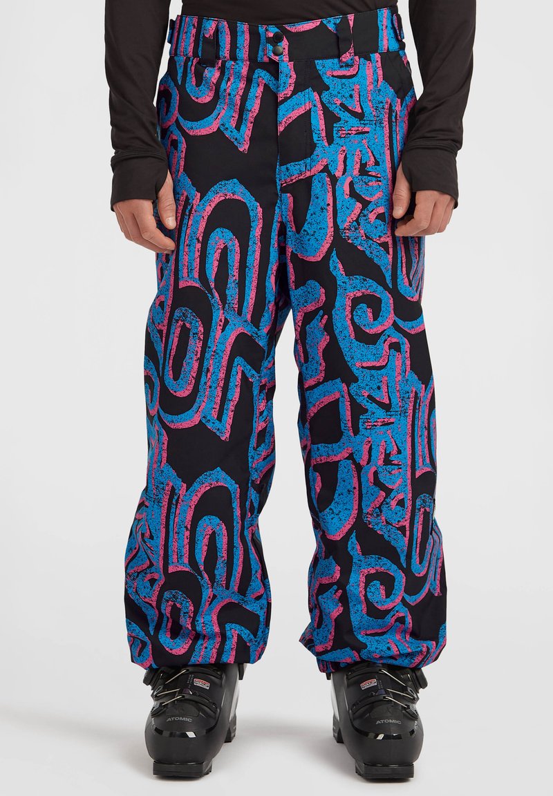 Kleurige sneeuwbroek met een zwarte basis, voorzien van abstracte patronen in roze en blauw, gemaakt van duurzaam fabric met een ontspannen pasvorm.