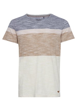 Gestreiftes Kurzarm-T-Shirt in Blau, Beige, Braun und Creme. Hergestellt aus strukturiertem Stoff mit Rundhalsausschnitt und kleinem Logo-Detail.