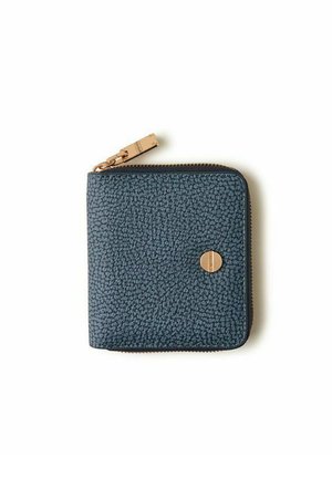 Square dark blue textured leather wallet with gold zipper and a small round gold emblem on the front.