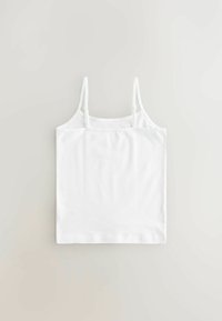 Witte katoenen top met dunne verstelbare bandjes, met een eenvoudig, getailleerd ontwerp en een soepele textuur. Geen patronen of hardware zichtbaar.