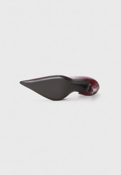 Red patent leather high heel shoe with a pointed toe and a black curved heel. Smooth surface with a sleek, modern design.