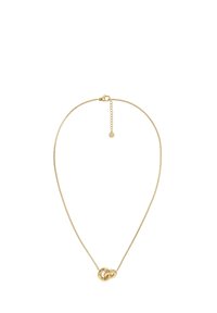 Gold-plated necklace with a thin chain and a double knot pendant, featuring a polished finish and adjustable length clasp.