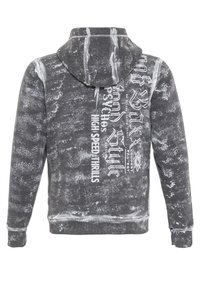 Grau Hoodie mit einem strukturierten, verwaschenen Muster. Verfügt über eine Fronttasche, einen Kordelzug-Hoodie und auffälligen, weißen Drucktext an einer Seite.