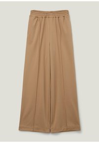 Tan wijde broek met een elastische tailleband. Gemaakt van een soepele stof, met een rechte snit en zonder zichtbare versieringen.