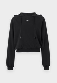 Fekete, rövidített fazonú kapucnis pulóver hosszú ujjakkal, húzózsinóros kapucnival, bordás mandzsettákkal és derékrésszel, a mellkason kis fehér Nike logóval.