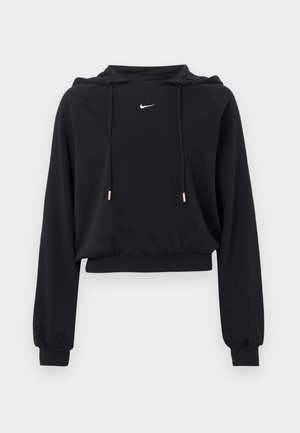 Hanorac scurt negru cu mâneci lungi, glugă cu șnur, manșete și talie cu nervuri, având un mic logo alb Nike pe piept.
