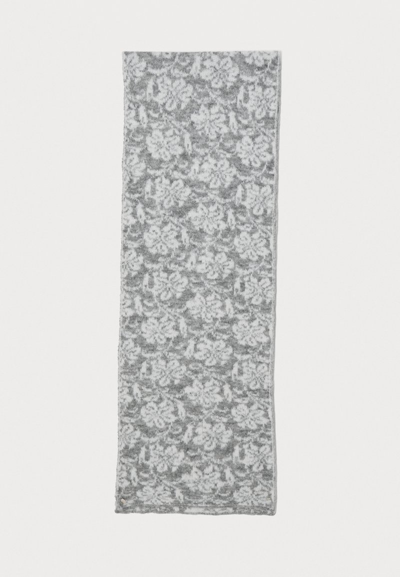 Grå tørklæde med blomstermønster, struktureret stof, lang rektangulær form og færdige kanter. Bemærkelsesværdige designdetaljer inkluderer subtile variationer i nuancen.