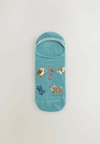 Turquoise ankle sock with textured fabric. Features embroidered owl, deer, mushrooms, and floral accents in varying colors.