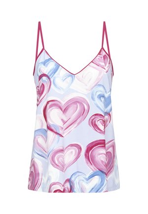 Top da donna senza maniche con scollo a V e spalline sottili, con motivo a cuori rosa e blu su sfondo bianco.