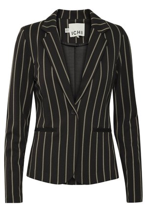 Svart blazer med kremfargede vertikale striper, enkel knappelukking, innsvingte lapeller og to frontlommer. Glatt stoff med skreddersydd passform.