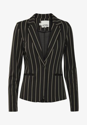 Black blazer with cream vertical stripes, single button closure, notched lapels, and two front pockets. Smooth fabric with tailored fit.