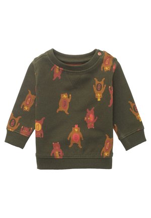 Ciemnozielony sweter dla malucha z długimi rękawami, ozdobiony wielokolorowymi ilustracjami misiów trzymających litery na przodzie i rękawach.