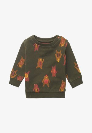 Pull pour tout-petit vert foncé à manches longues avec des illustrations multicolores d'ours tenant des lettres sur le devant et les manches.