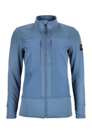Blue fleece jacket with a high collar, full front zipper, and two zippered chest pockets. Textured fabric with smooth panels and embroidered logo.