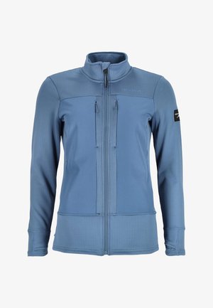 Giacca in fleece blu con colletto alto, zip frontale completa e due tasche a zip sul petto. Tessuto testurizzato con pannelli lisci e logo ricamato.