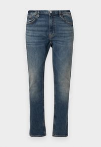 Pantalones vaqueros de mezclilla azul oscuro con corte recto, diseño de cinco bolsillos, cierre con botón y cremallera, con un ligero desgaste y detalles de costura.