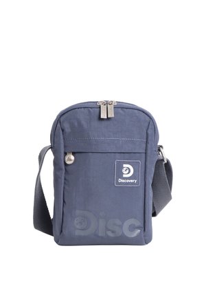 Kleine dunkelblaue Umhängetasche mit verstellbarem grauem Riemen, zwei Reißverschlüssen oben, vordere Reißverschlusstasche und "Discovery"-Logoaufnäher.