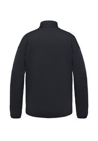 Veste noire matelassée à manches longues avec un col montant vue de dos sur un fond blanc.