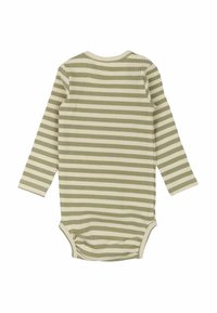 Dlhý rukáv body s horizontálnymi pruhmi v zelenej a krémovej farbe, vyrobené z rebrovanej látky, s okrúhlym výstrihom a zipsami na spodnej časti.