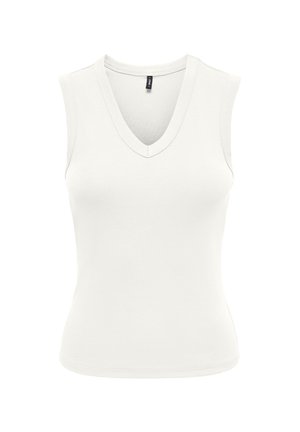 Débardeur blanc sans manches à col en V près du corps avec une petite étiquette de marque noire à l'intérieur du col, présenté sur un fond blanc uni.