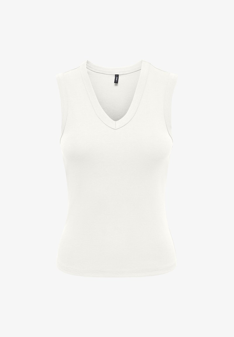 Débardeur blanc sans manches à col en V près du corps avec une petite étiquette de marque noire à l'intérieur du col, présenté sur un fond blanc uni.