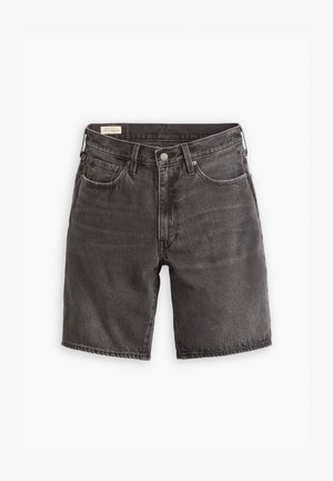 Dark gray denim shorts with a straight cut, five-pocket design, and exposed stitching. Features a metal button closure and belt loops.
